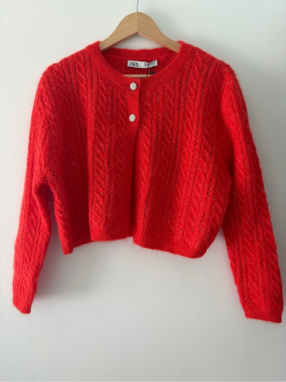 ๐ NEW Zara Size M Poppy Red Alpaca Wool Cropped Cardigan Sweater Jewel Buttons - Picture 3 of 14